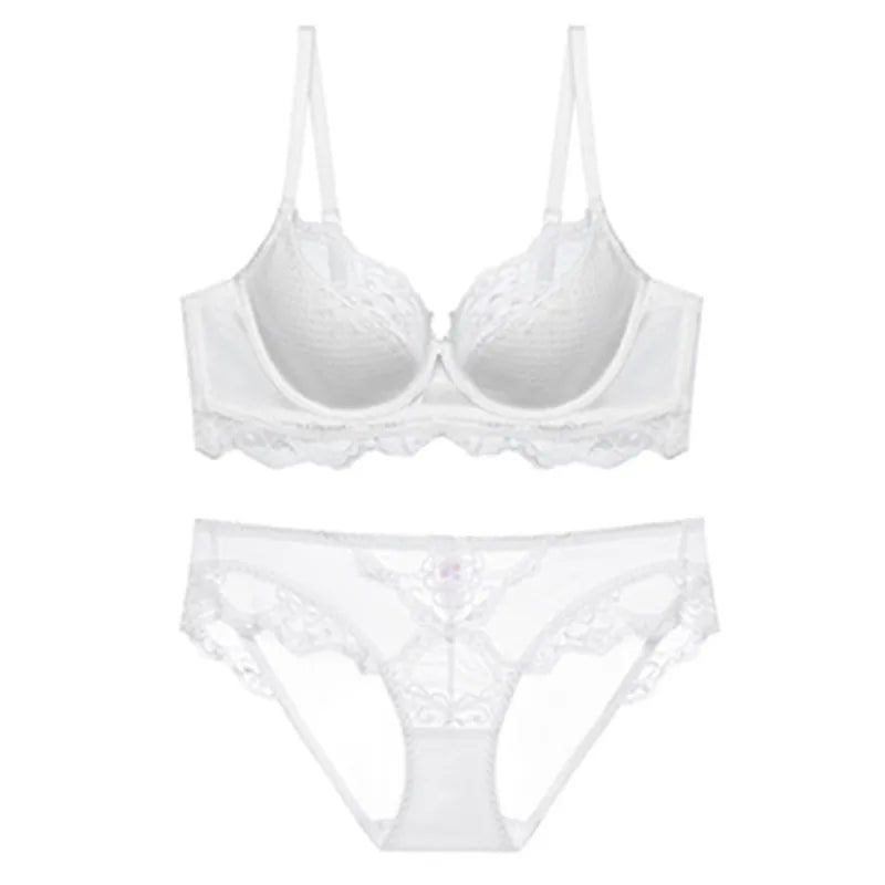 Ensemble soutien-gorge et slip push-up doublés en dentelle fine pour femmes