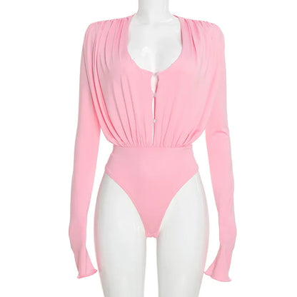 Body Femme Drapé à Col V et Manches Longues
