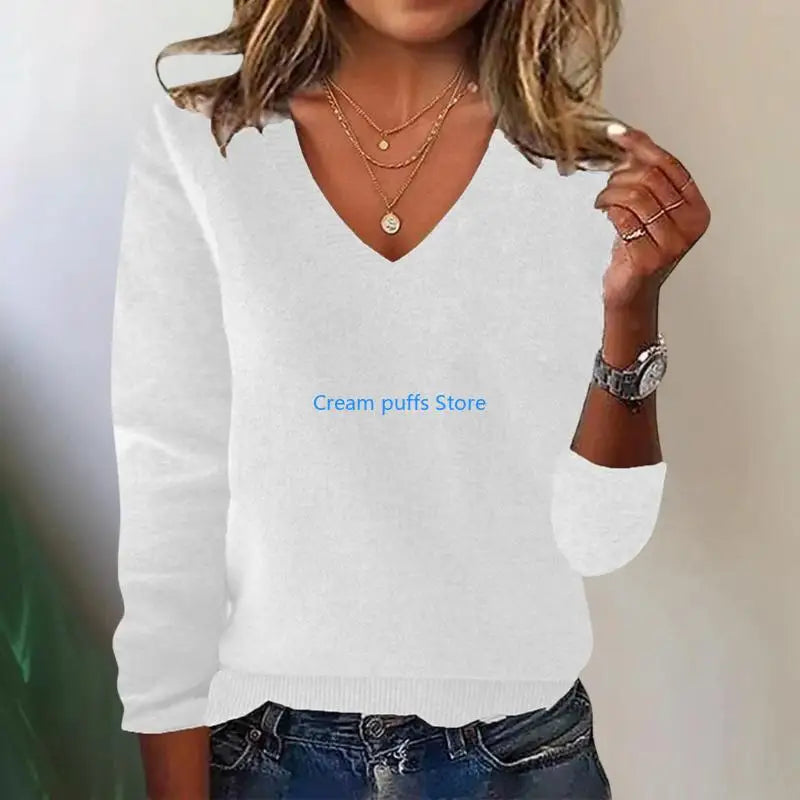 Pull en tricot côtelé doux à col en V pour femmes