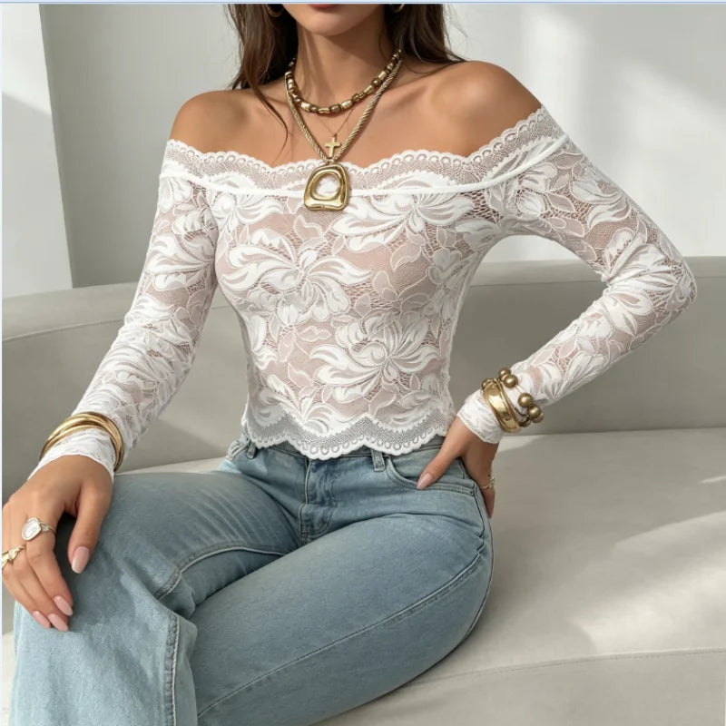 Chemisier en Dentelle Florale Femme – Transparent et Épaules Dénudées
