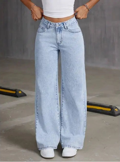 Jean droit taille haute couleur unie pour femmes