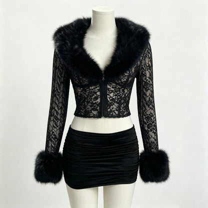 Ensemble Jupe et Haut Femme – Dentelle et Col Effet Fourrure