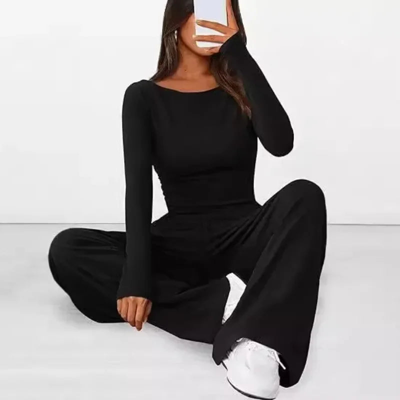 Ensemble décontracté T-shirt asymétrique à manches longues et pantalon à jambes larges pour femmes