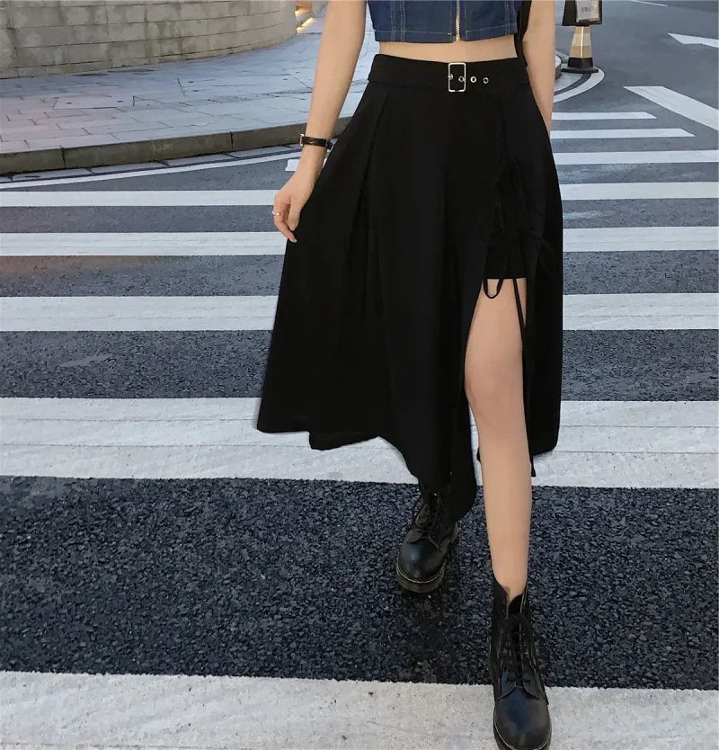 Jupe fendue mi-mollet style gothique sombre vintage pour femmes