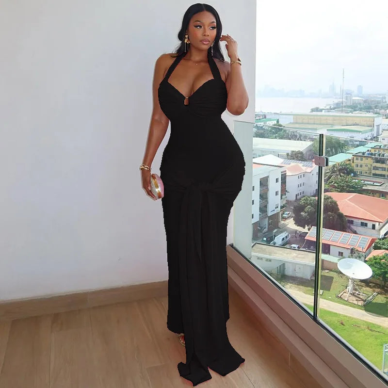 Robe longue moulante unie à dos nu avec liens croisés pour femmes