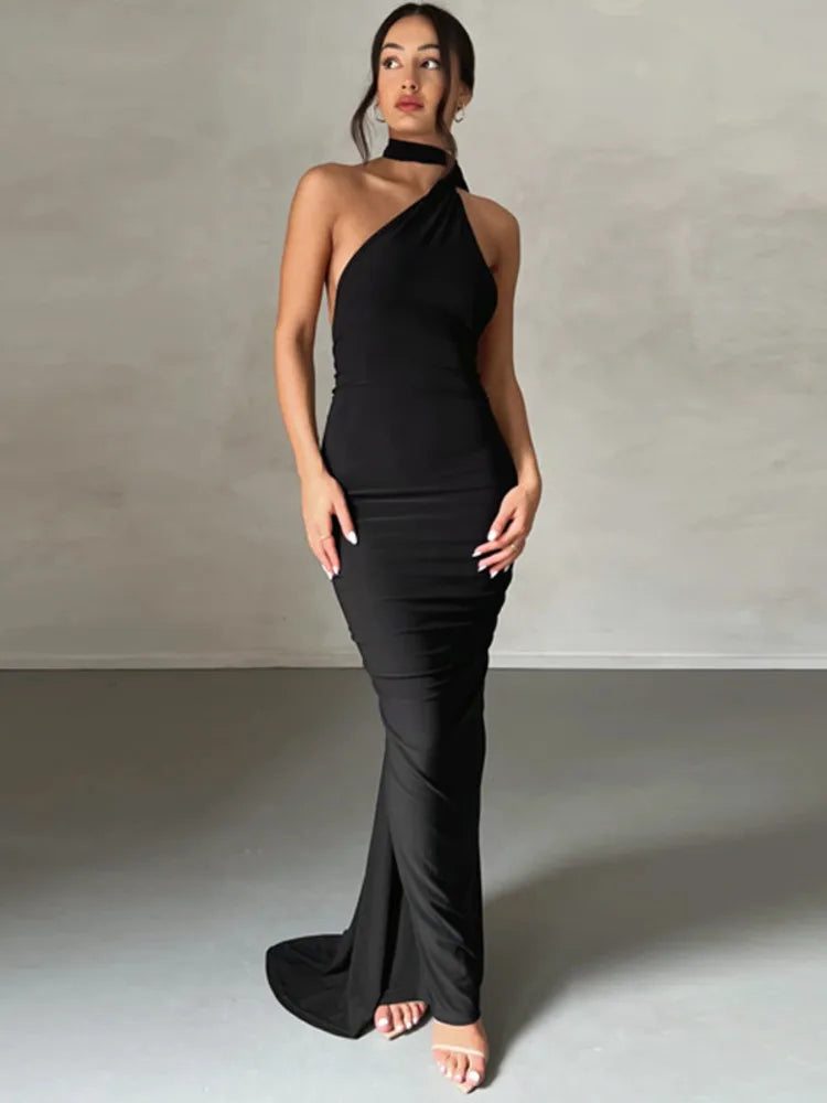 Robe longue dos nu à épaules obliques pour femmes