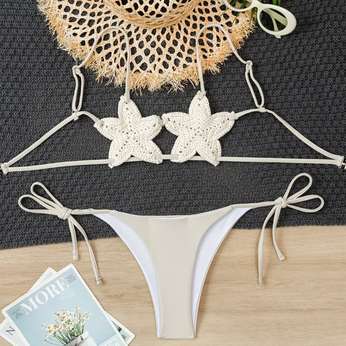 Maillot de bain deux pièces tricoté ajouré avec étoile à cinq branches pour femmes
