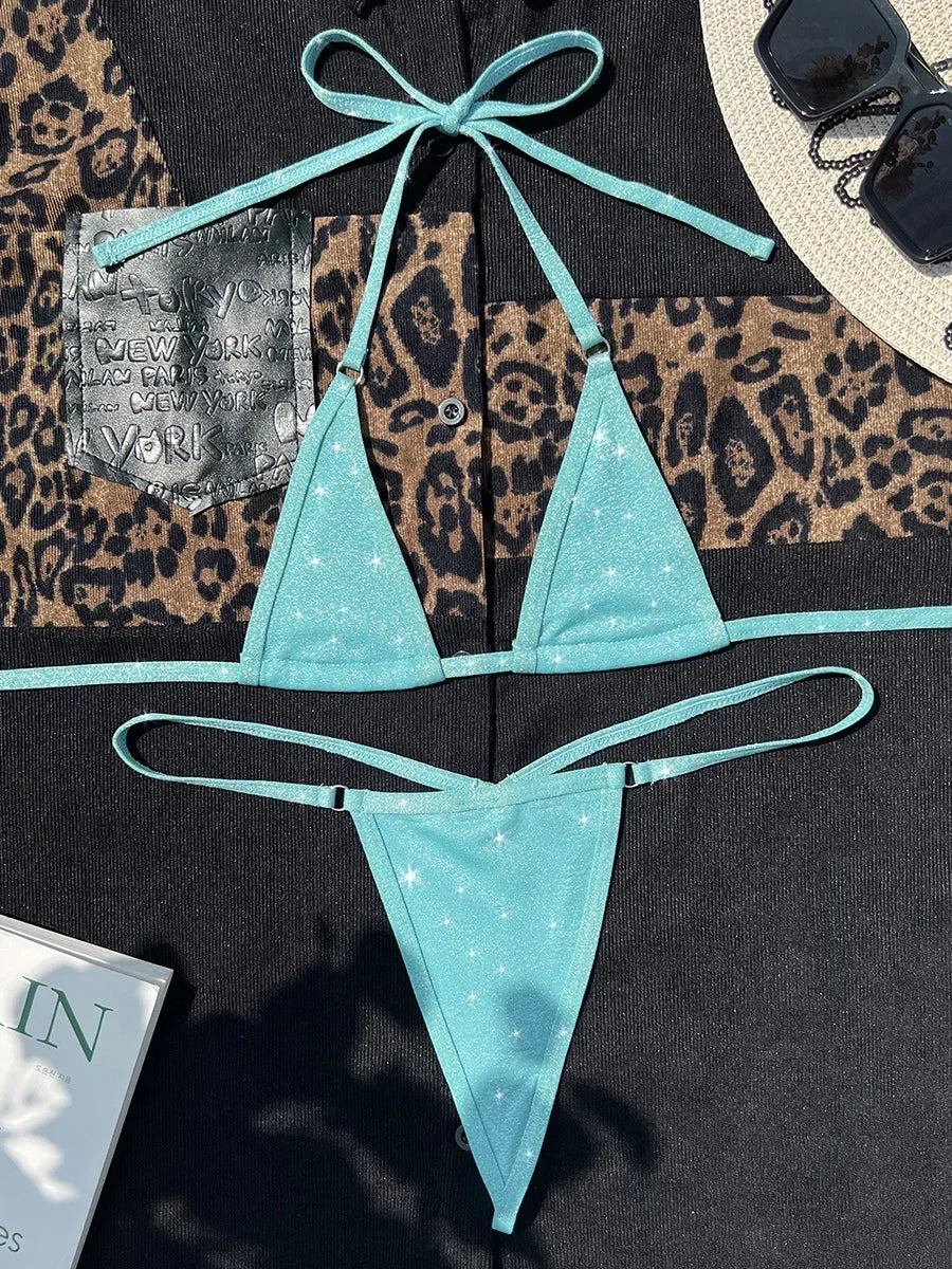Maillot de bain deux pièces en cuir PU brillant pour femmes