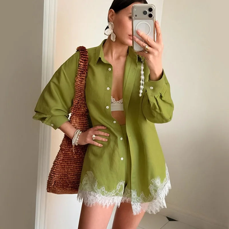 Ensemble deux pièces en dentelle verte ample pour femmes