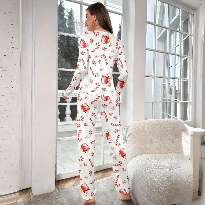 Pyjama de Noël Fleuri Femme – Haut Manches Longues et Pantalon