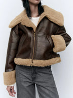 Manteau en faux cuir PU et fourrure de mouton pour femmes
