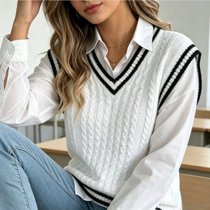 Pull Sans Manches Femme – Maille Torsadée et Col V