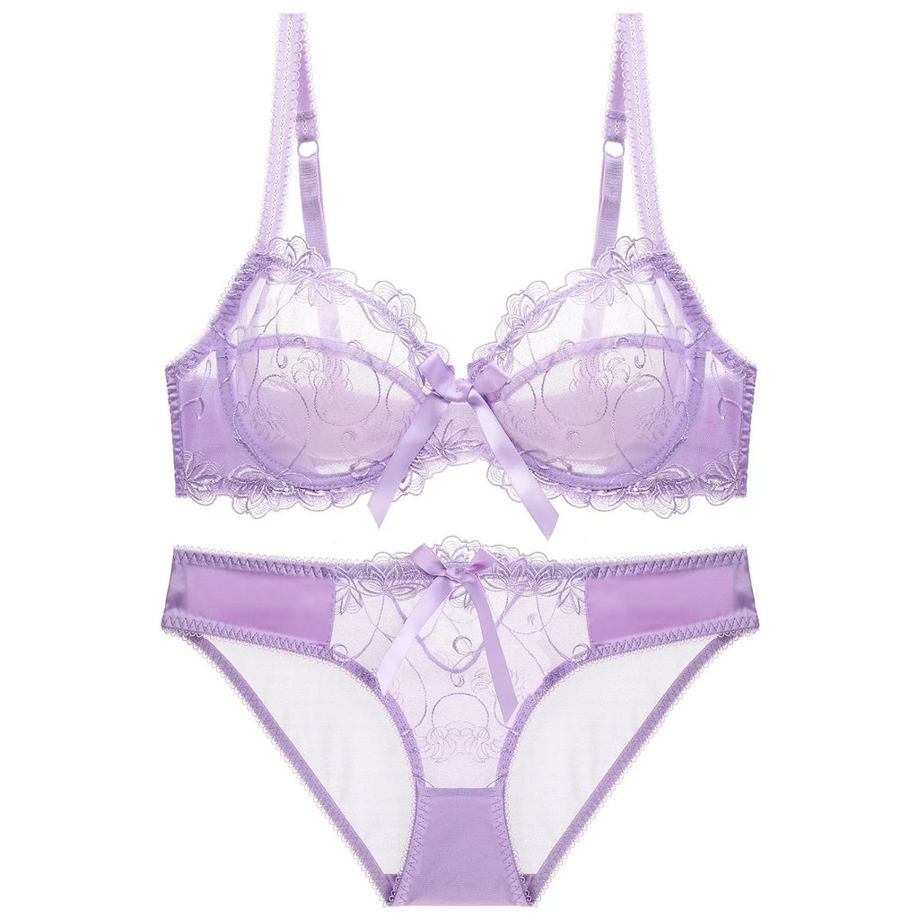 Ensemble de soutien-gorge transparent en dentelle avec nœud ultra-fin et culotte pour femmes