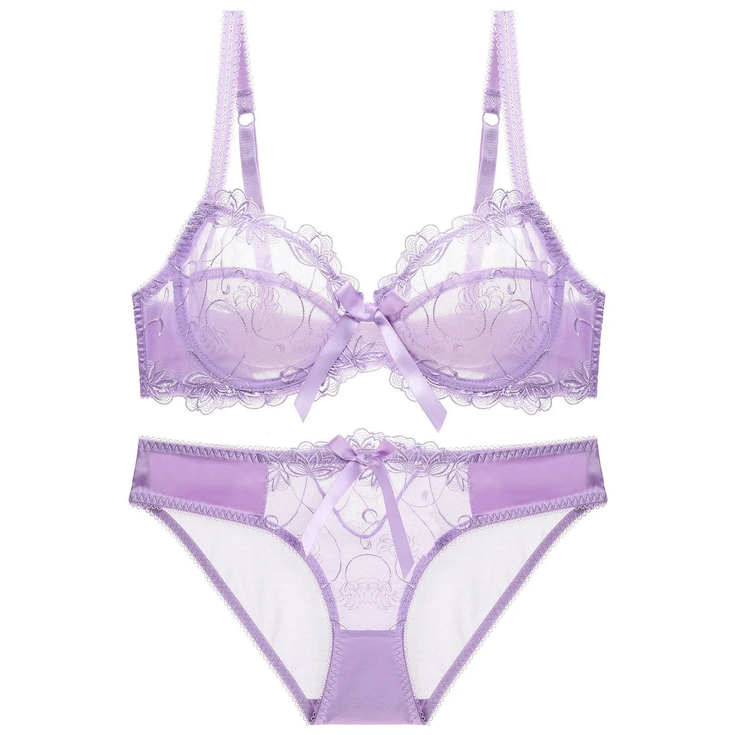 Ensemble de soutien-gorge transparent en dentelle avec nœud ultra-fin et culotte pour femmes