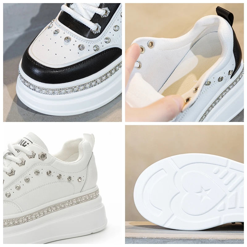 Baskets en cuir véritable compensée et strass pour femmes