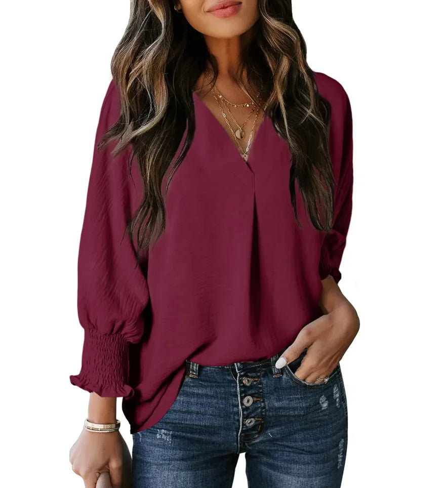 Chemise à col en V et manches longues lanterne pour femmes