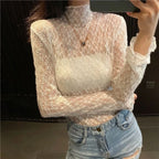 Top sexy transparent à manches longues en dentelle pour femmes