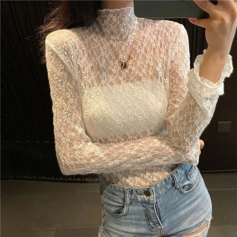 Top sexy transparent à manches longues en dentelle pour femmes