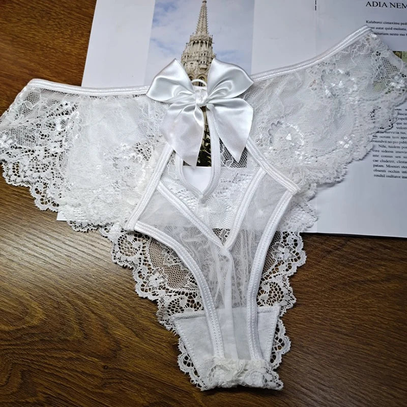 String  en dentelle transparente évidée  avec nœud pour femmes