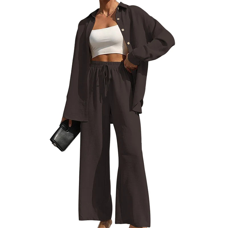 Ensemble deux pièces chemise boutonnée unie et pantalon large à nouer sur le devant pour femmes