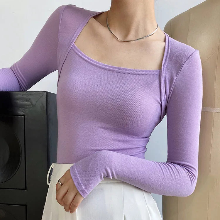 T-shirt à manches longues et col carré pour femmes