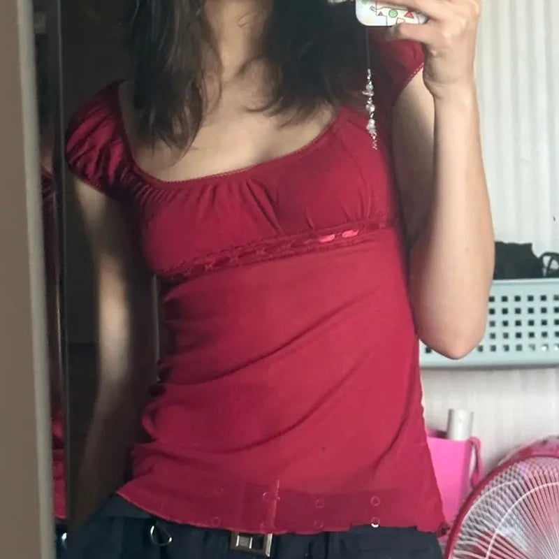 T-shirt-Crop en dentelle esthétique rétro pour femmes