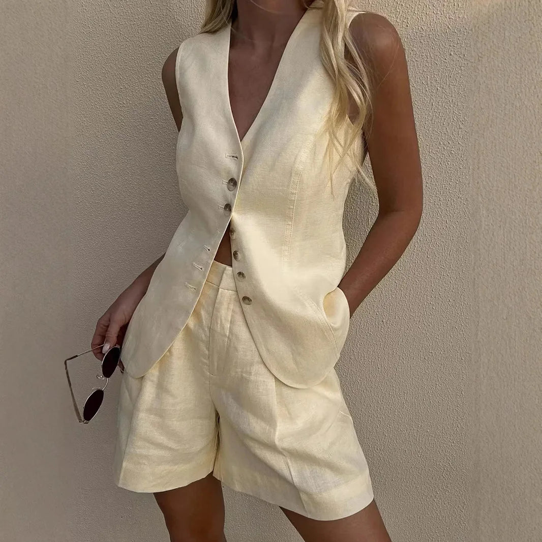 Ensemble débardeur et short en coton et lin, chic et décontracté pour femmes