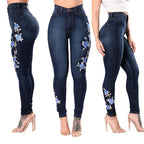 Jeans brodés taille haute pour femmes