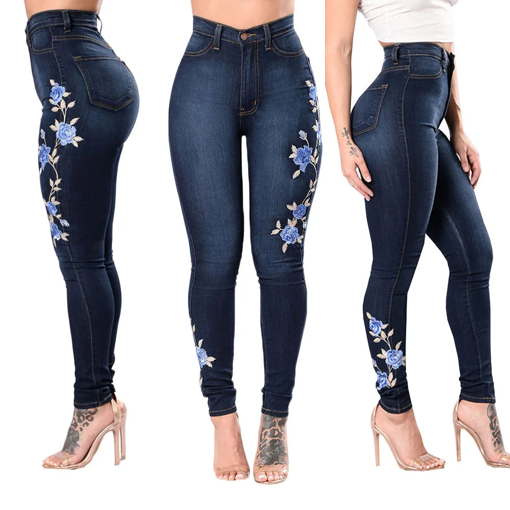 Jeans brodés taille haute pour femmes