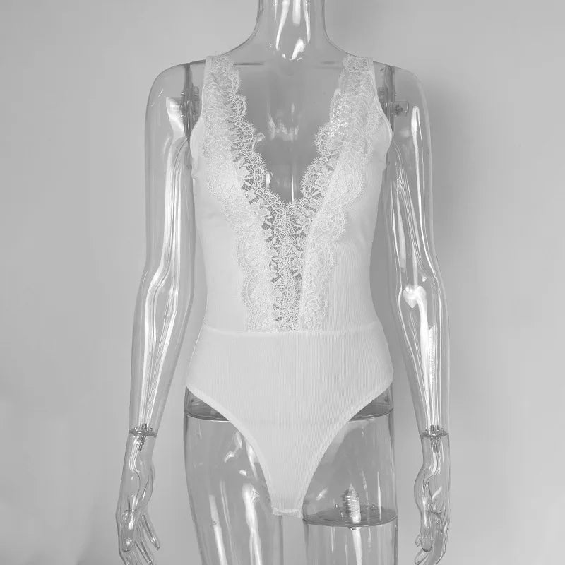 Body avec col en V profond moulant en dentelle pour femmes