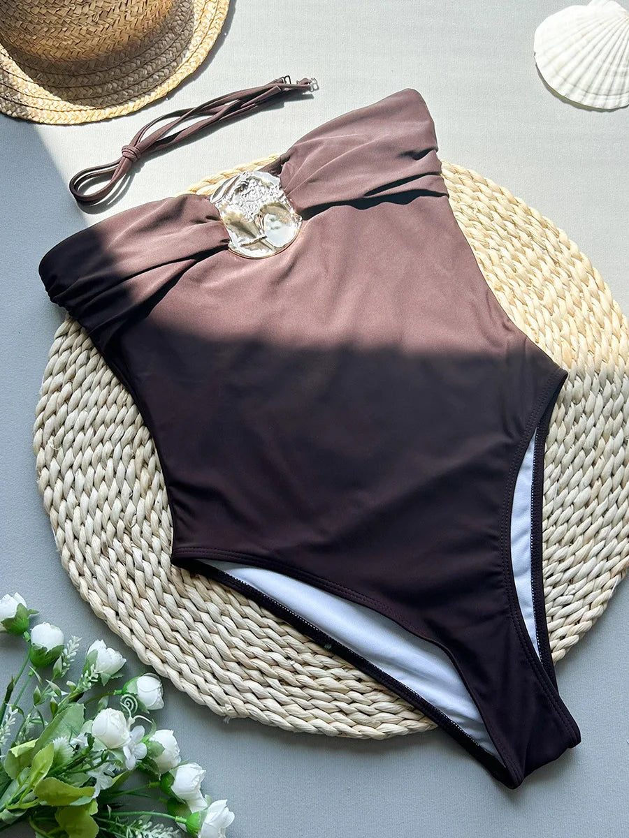 Maillot de bain bandeau une pièce sexy à boucle métallique pour femmes