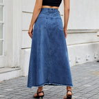 Jupe longue en jean vintage à poches amples et ourlet brut pour femmes