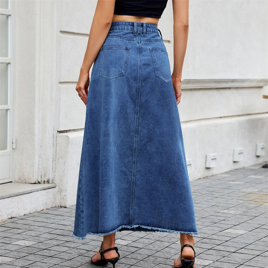 Jupe longue en jean vintage à poches amples et ourlet brut pour femmes
