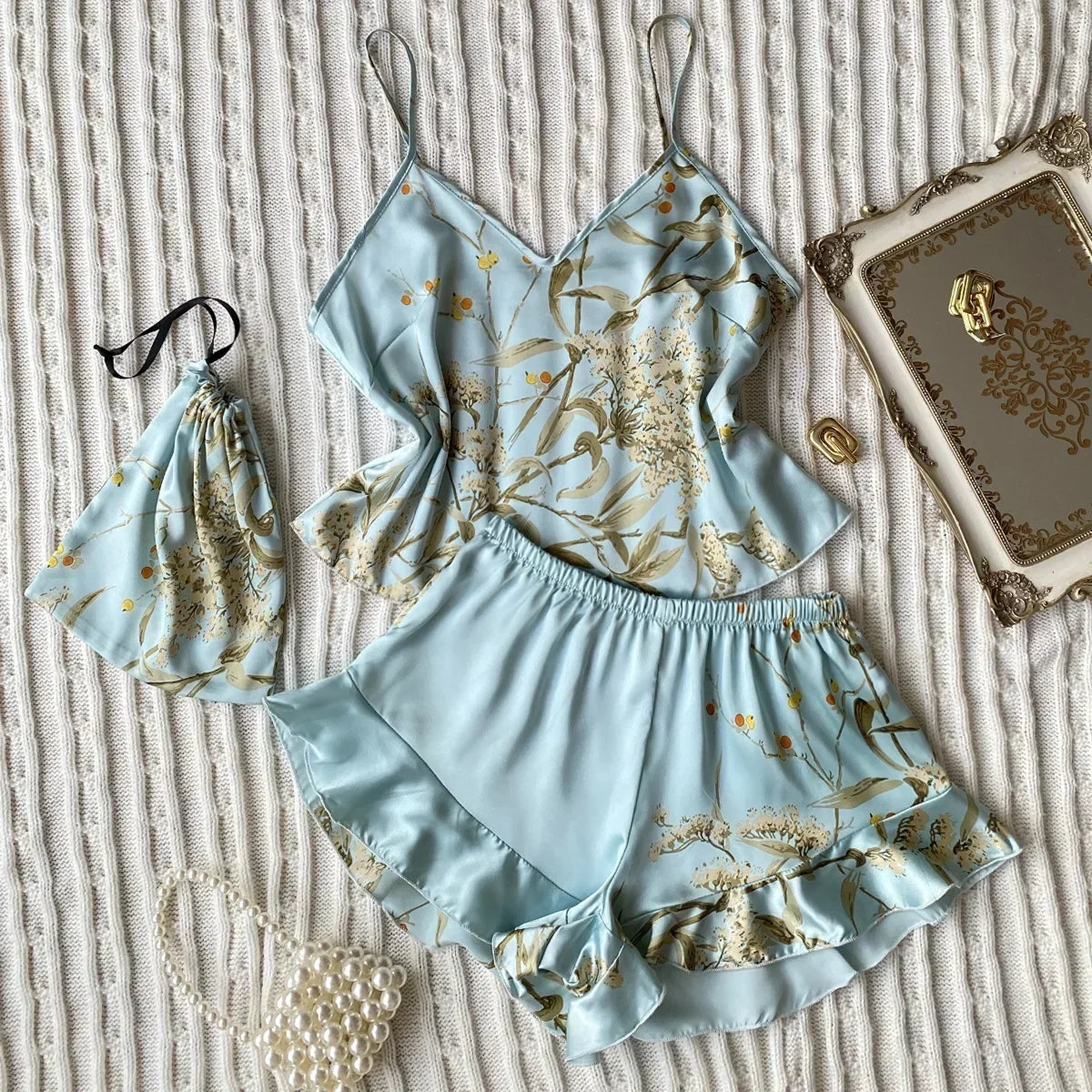 Pyjama 3 Pièces Femme – Motif Floral, Caraco, Short et Pochette