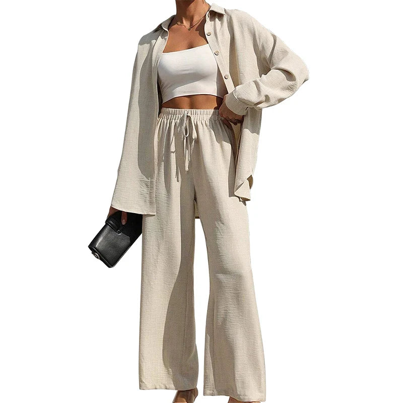 Ensemble deux pièces chemise boutonnée unie et pantalon large à nouer sur le devant pour femmes