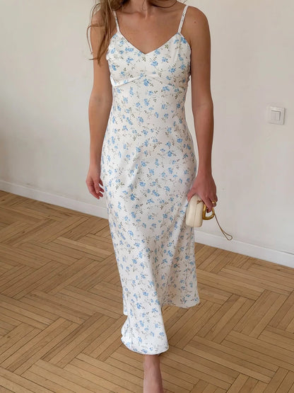 Robe Longue Femme – Col V, Fines Bretelles et Dos Nu
