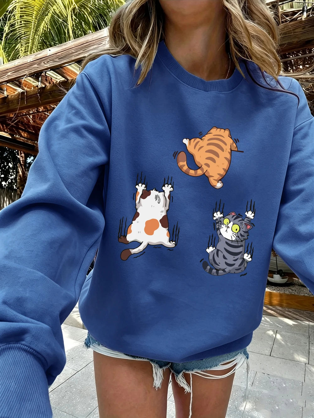Sweat-shirt à capuche imprimé « Trois chats qui grimpent » pour femmes