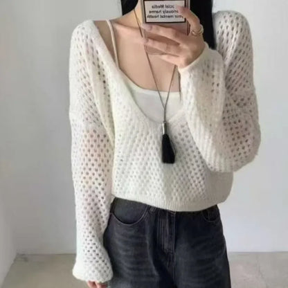 Ensemble 2 Pièces Femme – Gilet en Maille et Chemisier Ajouré