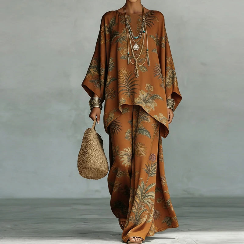 Ensemble 2 pièces haut à col rond et pantalon large pour femmes