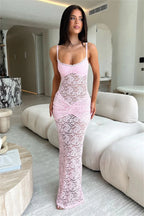 Robe longue sexy en dentelle à fines bretelles pour femmes