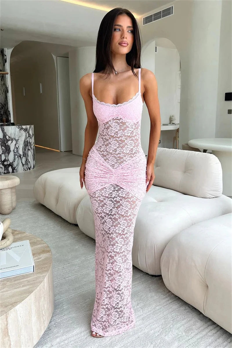 Robe longue sexy en dentelle à fines bretelles pour femmes