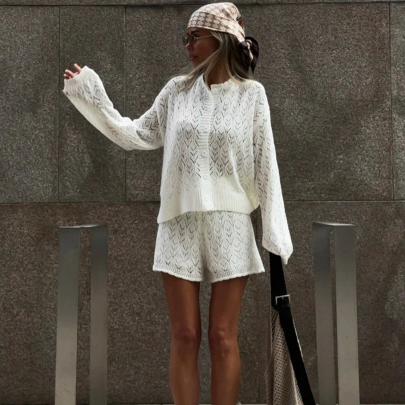Ensemble short et jupe en maille ajourée pour femmes