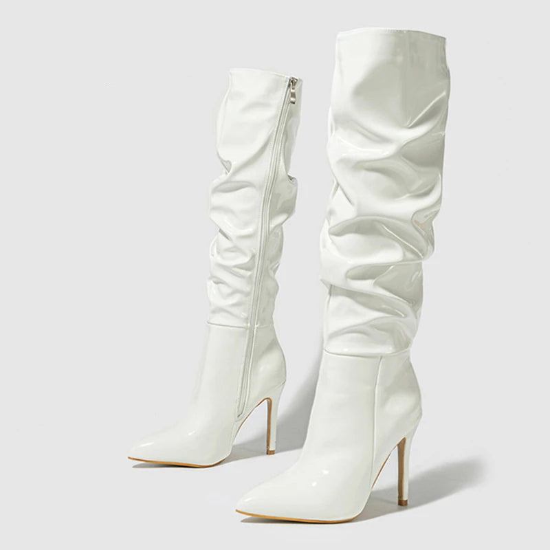Bottes hautes en cuir verni plissé pour femmes