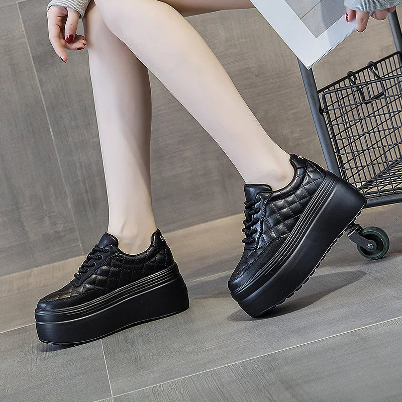 Baskets compensées en cuir véritable pour femmes