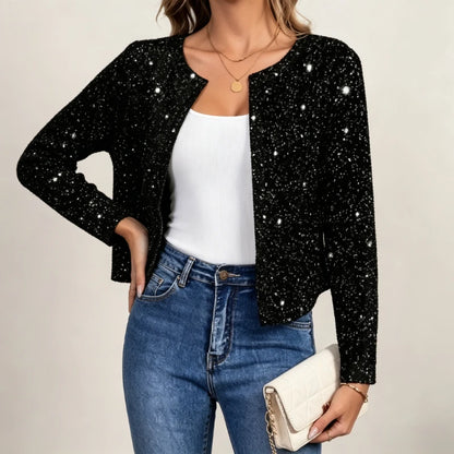 Cardigan Court Scintillant Femme – Col Rond et Manches Longues