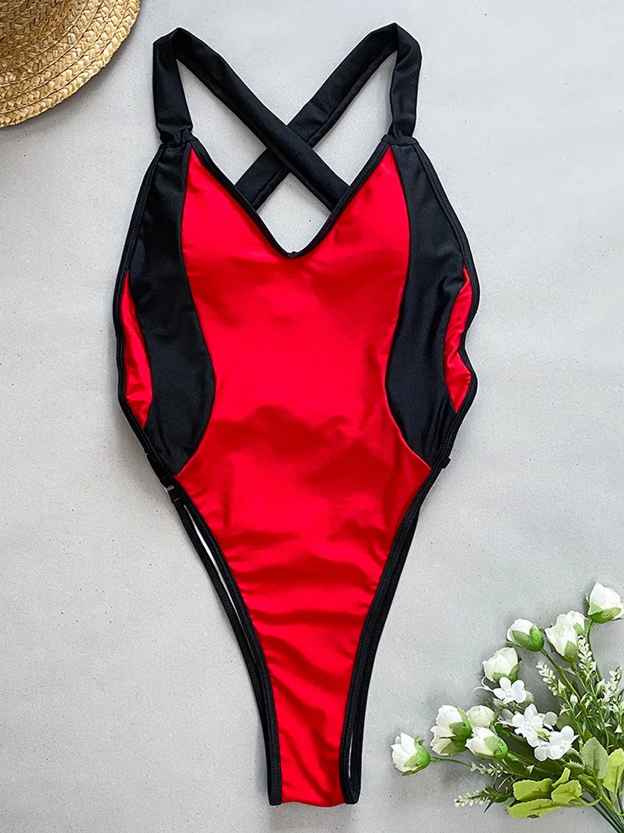 Maillot de bain une pièce à col en V croisé et dos nu pour femmes