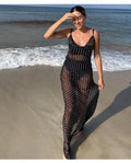 Robe longue sexy dos nu avec dentelle transparente et bretelles pour femmes
