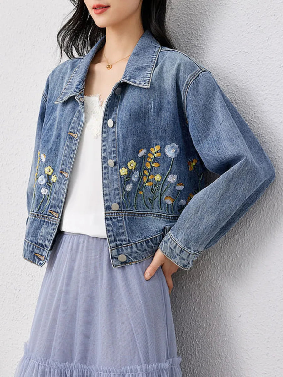Veste en jean brodée florale pour femmes