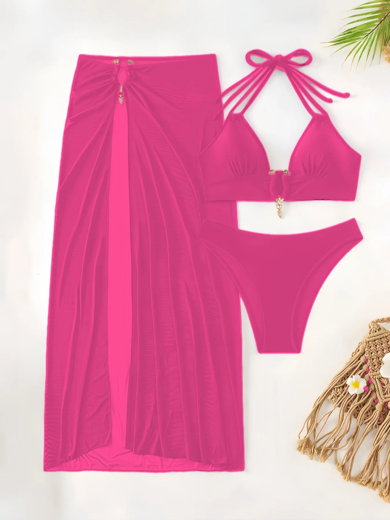 Maillot de bain bikini trois pièces avec bretelles à nouer autour du cou pour femmes