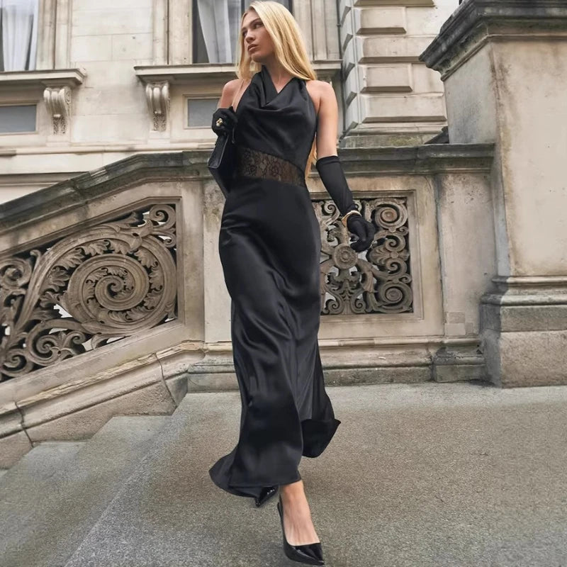 Robe longue dos nu en dentelle transparente pour femmes